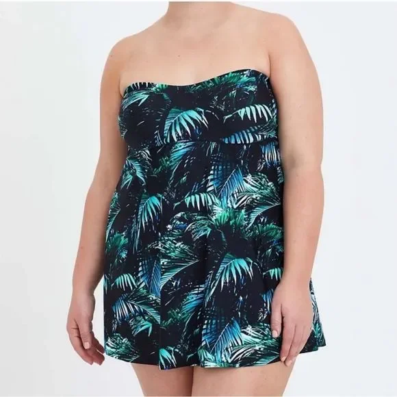 Torrid "palms forrest" Wireless Mid Strapless Swim Dress With Brief size 2! - Picture 3 of 12